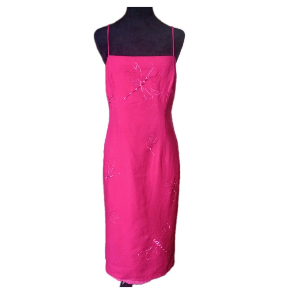 Donna Morgan Women's 8 Pink Linen Blend Sleeveless Y2K Dragon Fly Midi Dress,Vtg